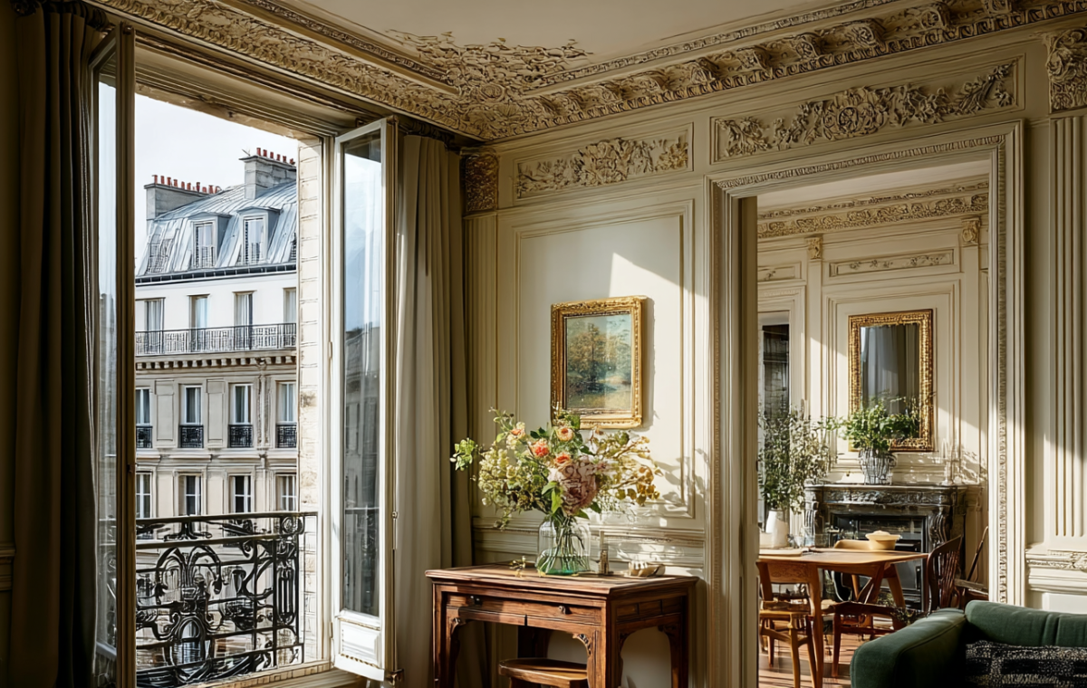 Close up of brass door handle in a bright French apartment with chevron floors and built-in bookshelves