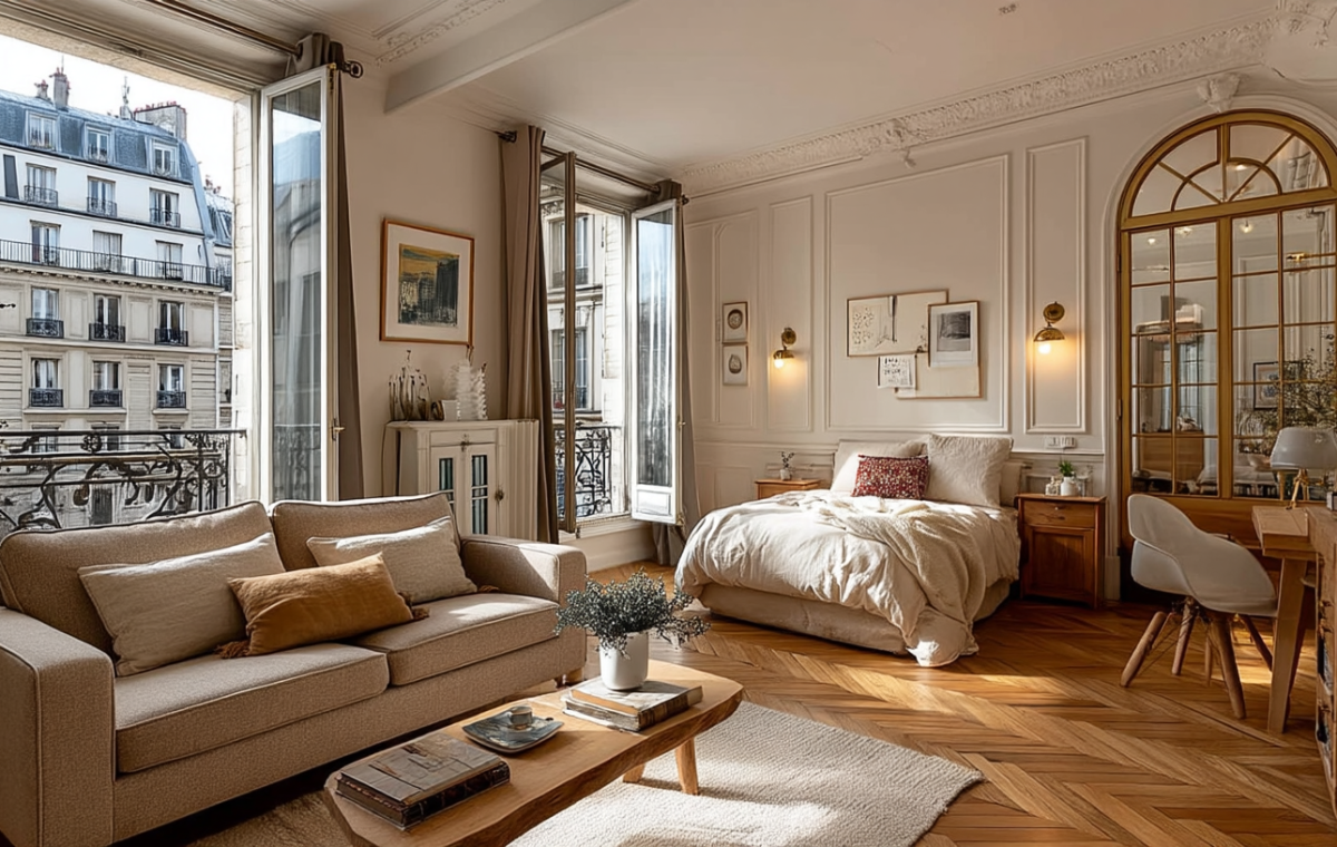 Bright French apartment interior design featuring a neutral sofa and chevron flooring next to an open Parisian balcony window.
