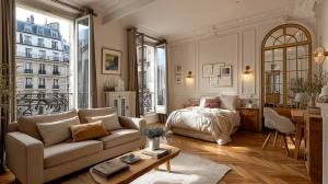 Bright French apartment interior design featuring a neutral sofa and chevron flooring next to an open Parisian balcony window.