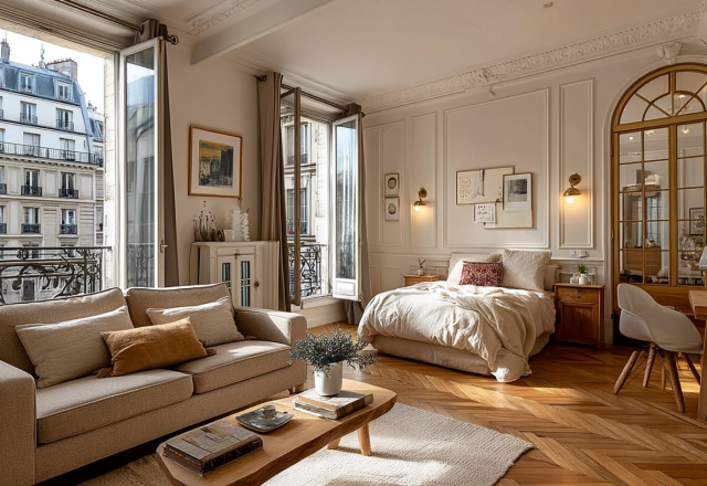Bright French apartment interior design featuring a neutral sofa and chevron flooring next to an open Parisian balcony window.