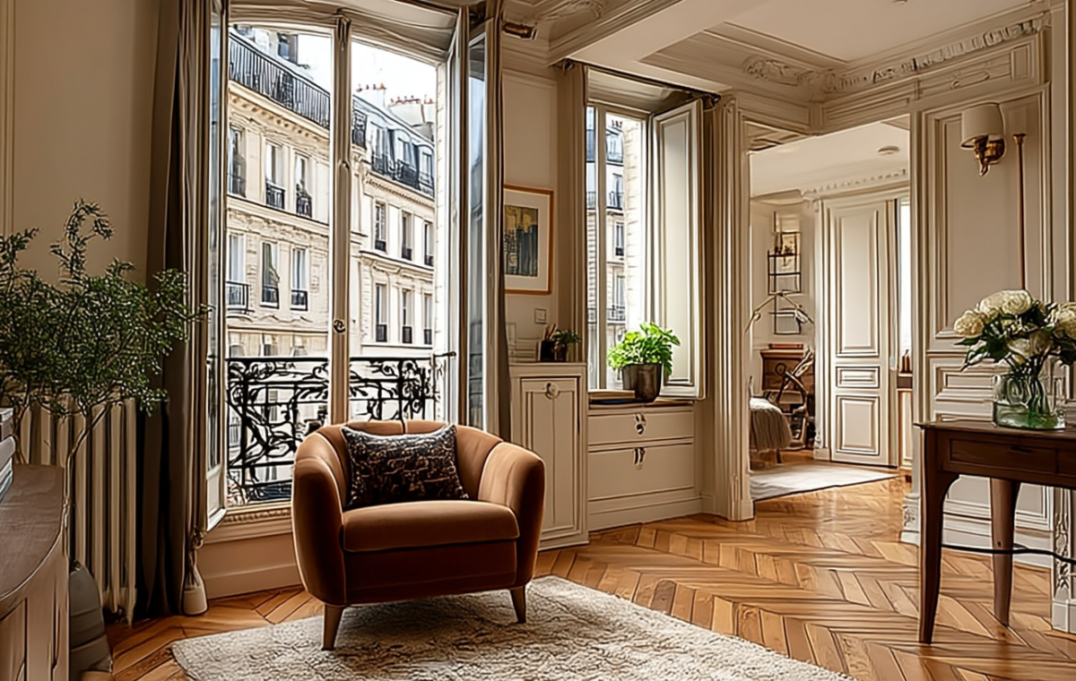Bright French apartment interior featuring herringbone wood floors and a classic velvet armchair near balcony doors.