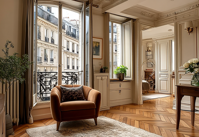 Bright French apartment interior featuring herringbone wood floors and a classic velvet armchair near balcony doors.