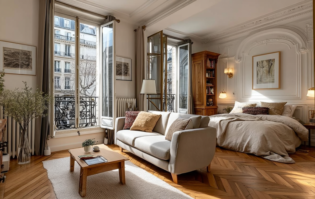Bright French apartment interior featuring herringbone parquetry floors and tall windows.