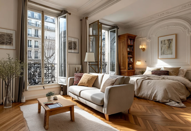 Bright French apartment interior featuring herringbone parquetry floors and tall windows.