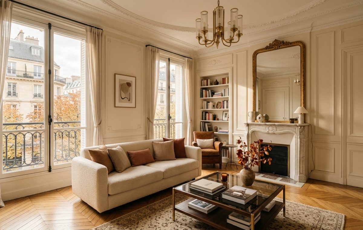 Elegant French apartment interior featuring herringbone floors, neutral sofa, and antique fireplace.