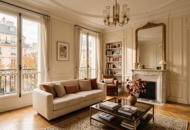 Elegant French apartment interior featuring herringbone floors, neutral sofa, and antique fireplace.
