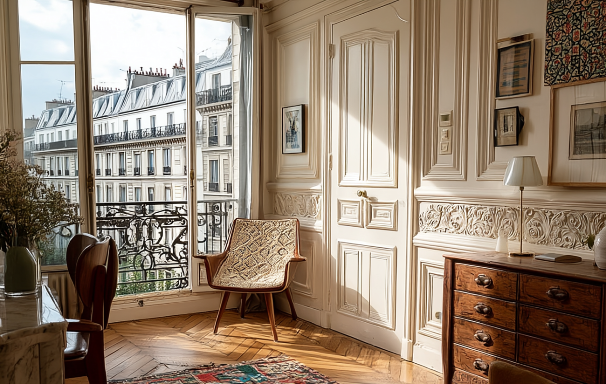 Sunlit French apartment interior featuring herringbone floors and classic wall molding