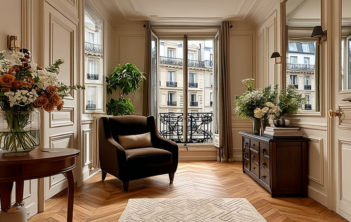 Elegant French apartment interior featuring chevron flooring, historic wall moldings, and a dark velvet armchair.