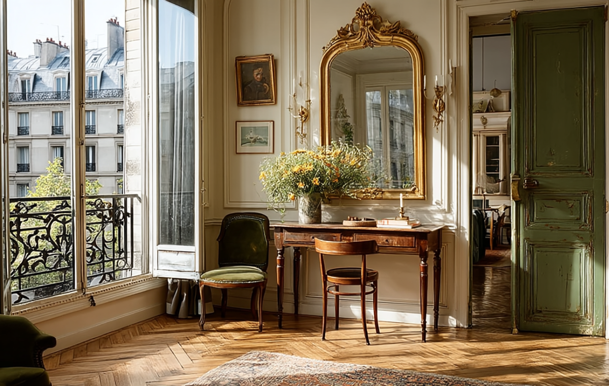 Bright French apartment interior featuring herringbone floors, gilded mirror, and wrought iron balcony.