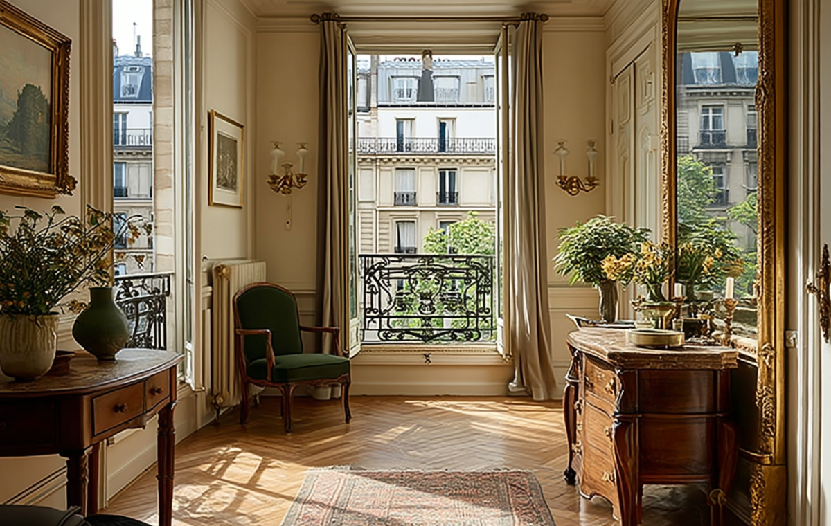 Bright French apartment interior featuring a tall mirror, antique wooden furniture, and a balcony view.