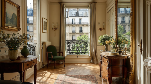 Bright French apartment interior featuring a tall mirror, antique wooden furniture, and a balcony view.