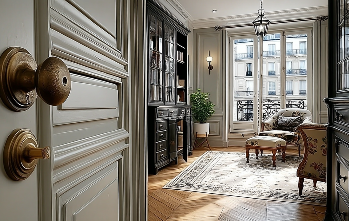 A view through an open paneled door into a French apartment interior featuring herringbone floors and black library cabinetry.