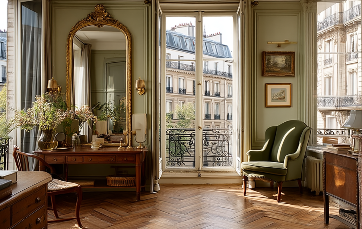 Elegant French apartment interior featuring herringbone floors, an antique gold mirror, and a sage green sitting area.
