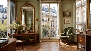 Elegant French apartment interior featuring herringbone floors, an antique gold mirror, and a sage green sitting area.