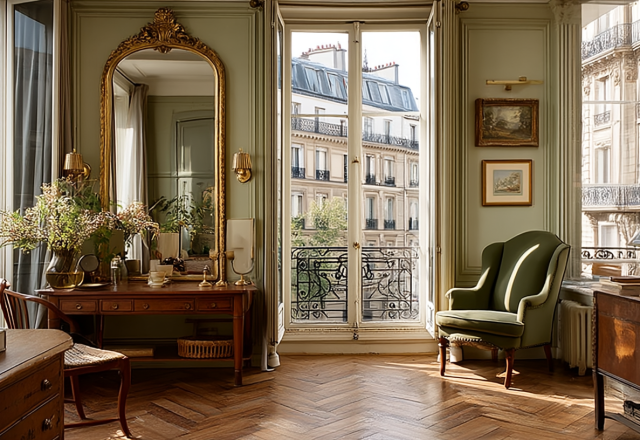 Elegant French apartment interior featuring herringbone floors, an antique gold mirror, and a sage green sitting area.