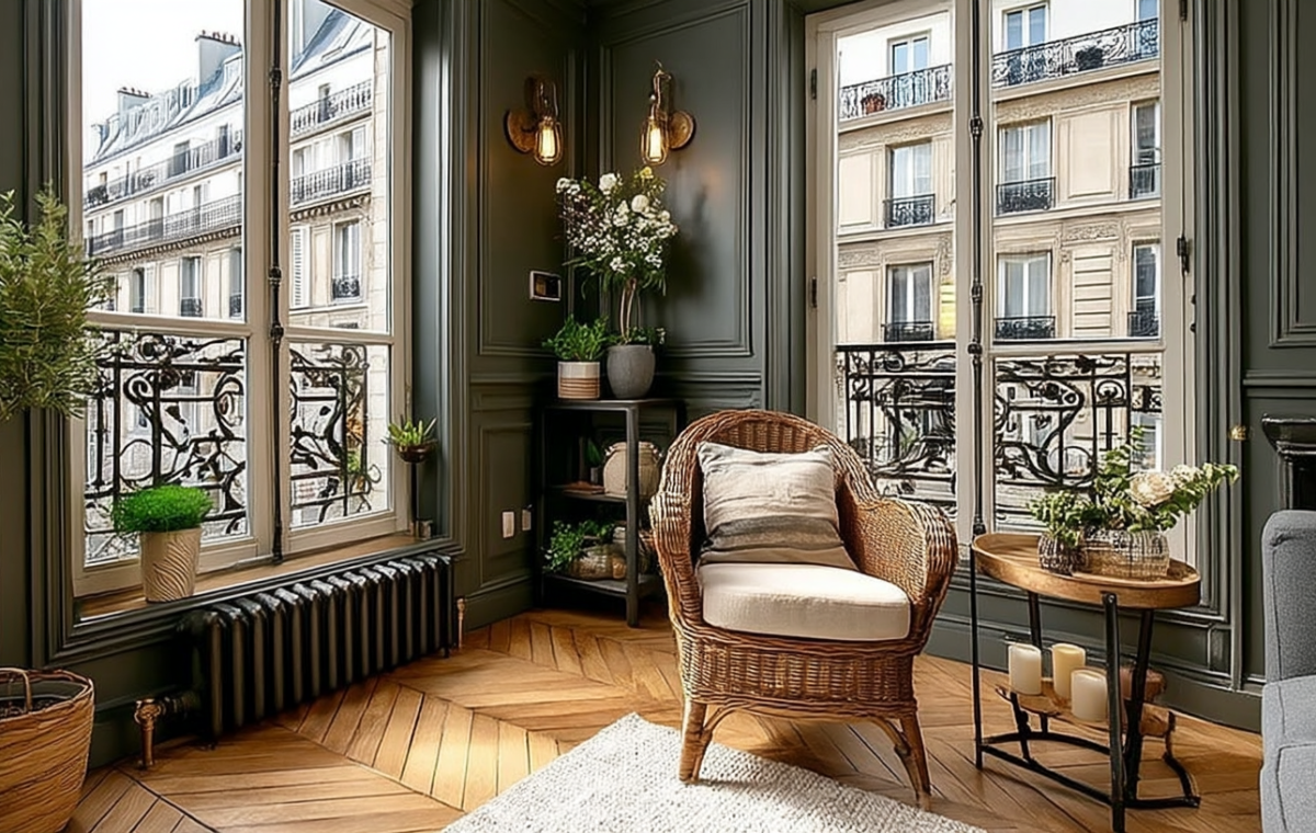 A sophisticated French apartment interior featuring dark green paneled walls, tall windows, chevron wood floors, and a wicker chair.