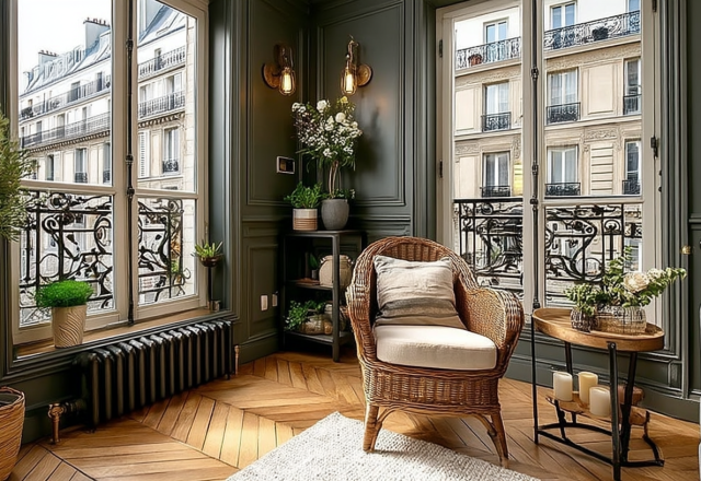A sophisticated French apartment interior featuring dark green paneled walls, tall windows, chevron wood floors, and a wicker chair.