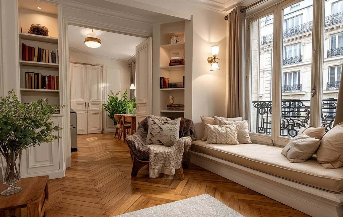 Elegant French apartment interior featuring herringbone floors and a cozy window seat.