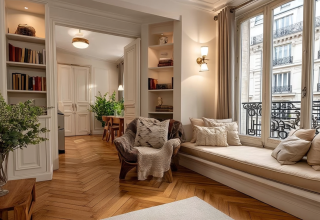 Elegant French apartment interior featuring herringbone floors and a cozy window seat.