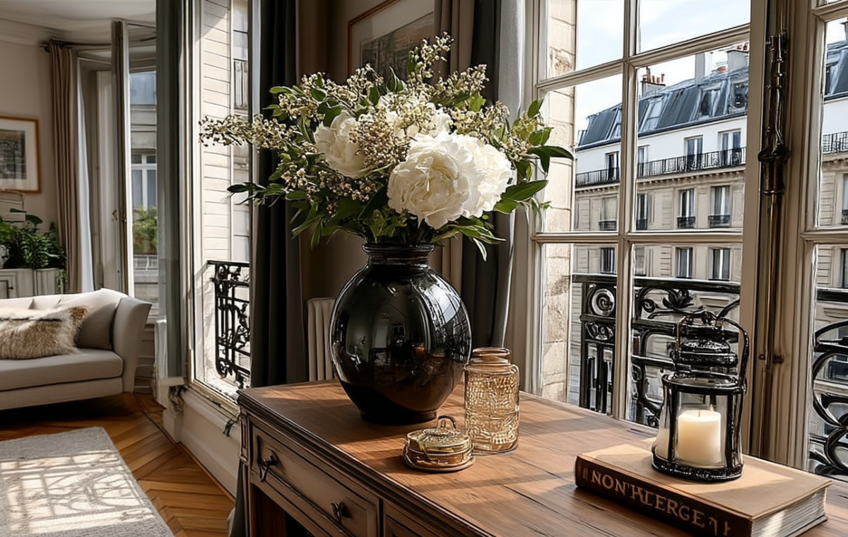 French apartment interior styling featuring a dark vase of white peonies on a wooden console table next to a historic window.