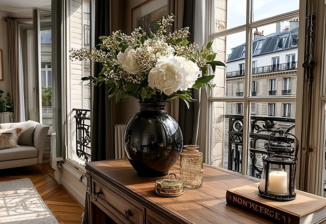 French apartment interior styling featuring a dark vase of white peonies on a wooden console table next to a historic window.