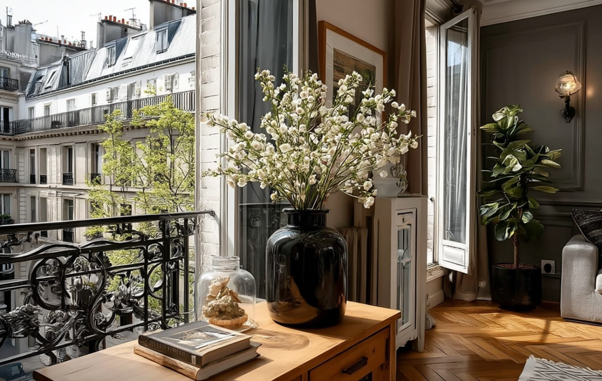 French apartment interior styling featuring herringbone floors and a balcony view