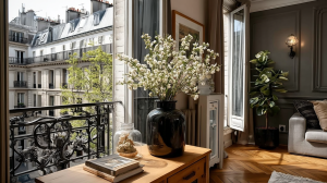 French apartment interior styling featuring herringbone floors and a balcony view