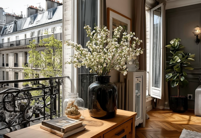 French apartment interior styling featuring herringbone floors and a balcony view