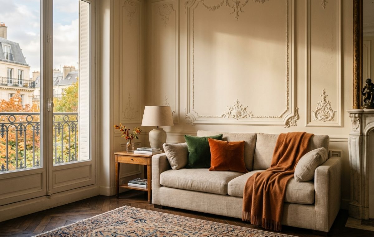 Bright French apartment living room with tall windows, classic moldings, and a neutral sofa styled with green and orange cushions.