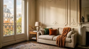 Bright French apartment living room with tall windows, classic moldings, and a neutral sofa styled with green and orange cushions.