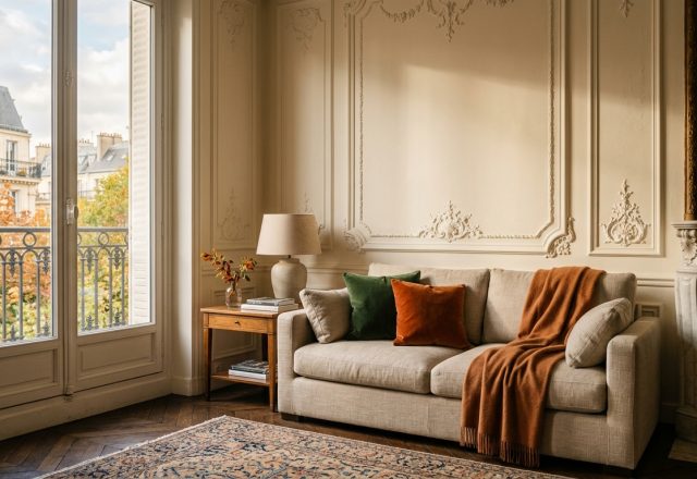 Bright French apartment living room with tall windows, classic moldings, and a neutral sofa styled with green and orange cushions.