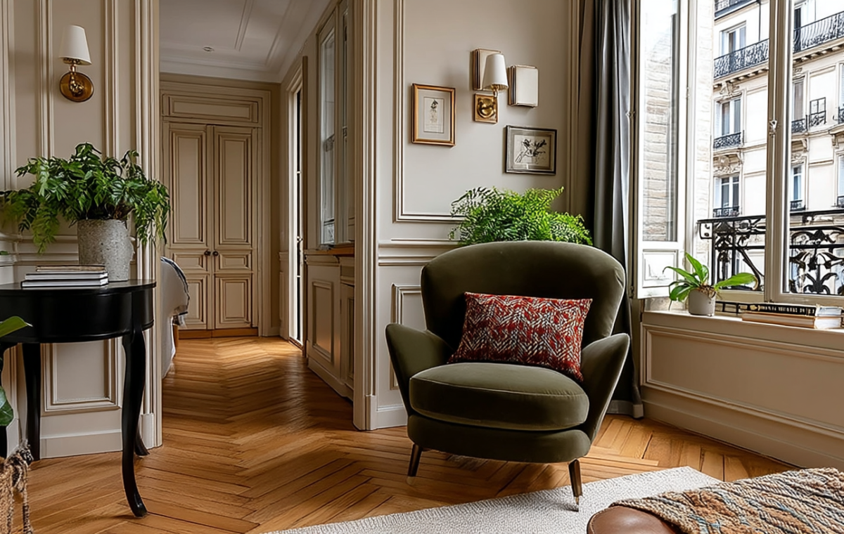 Elegant French apartment interior featuring chevron wood flooring and classic wall moldings.