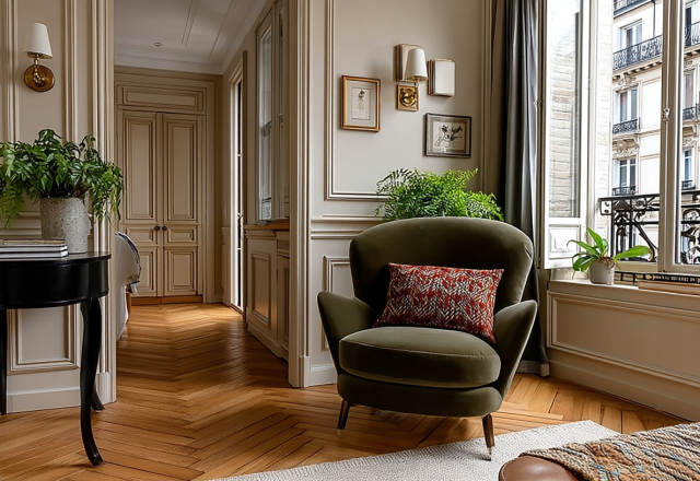 Elegant French apartment interior featuring chevron wood flooring and classic wall moldings.