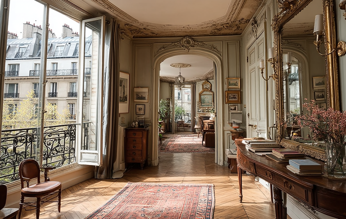 Bright French apartment interior with chevron parquet floors, tall windows, and antique furniture.