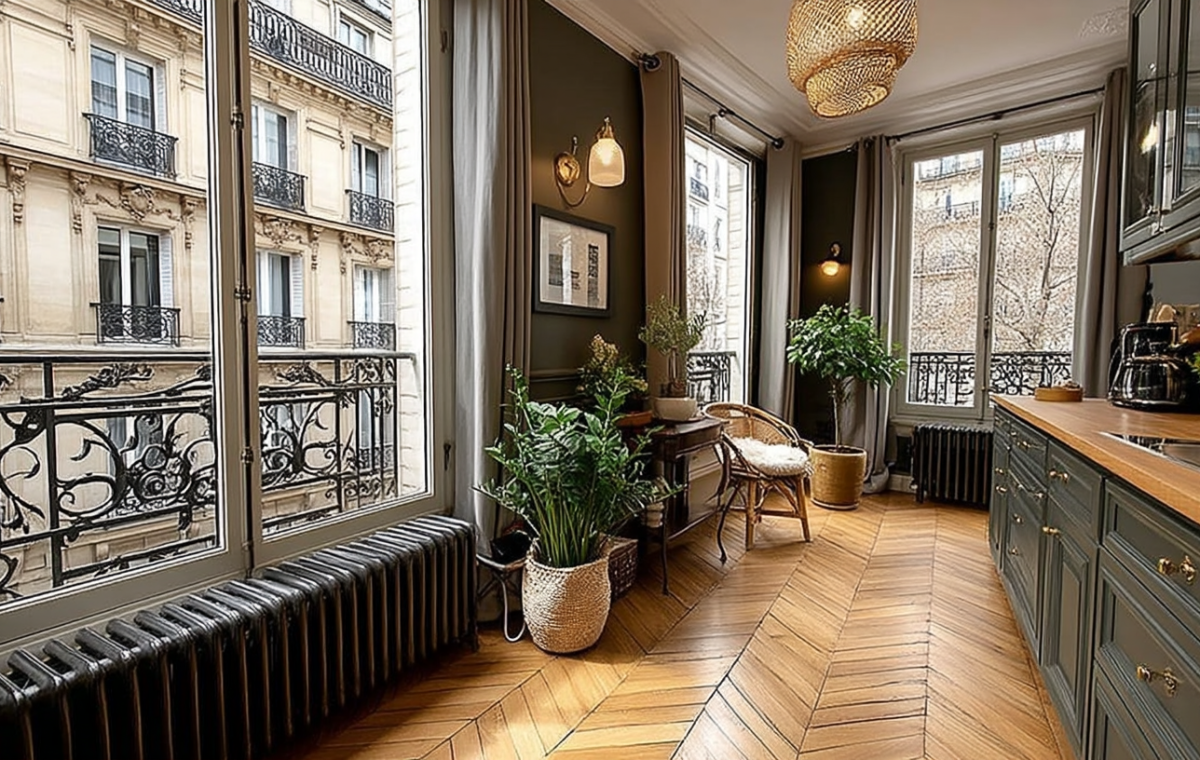 French apartment kitchen design featuring green cabinets, herringbone floors, and a balcony view.
