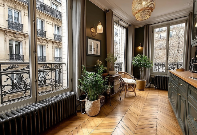 French apartment kitchen design featuring green cabinets, herringbone floors, and a balcony view.