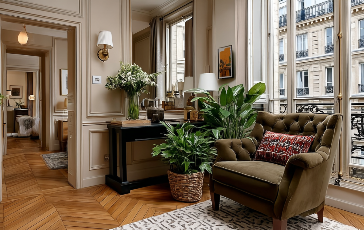 French apartment living room decor featuring green velvet armchair and herringbone floors