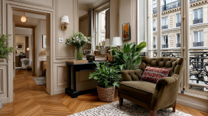 French apartment living room decor featuring green velvet armchair and herringbone floors