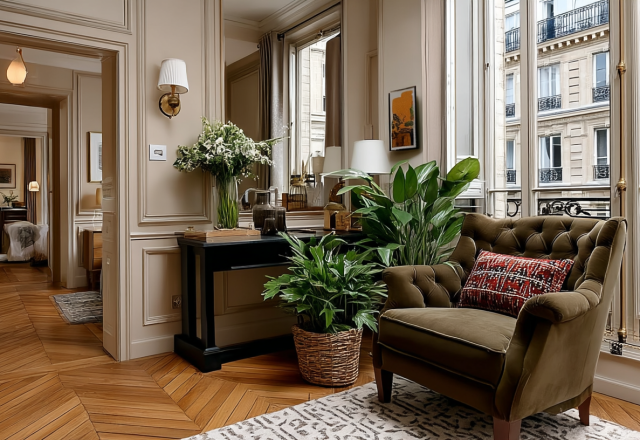 French apartment living room decor featuring green velvet armchair and herringbone floors