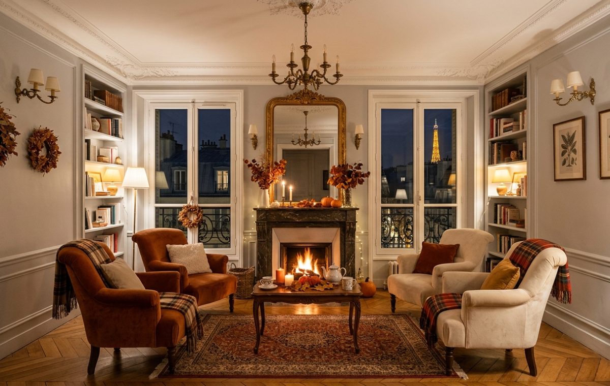 Elegant French apartment living room decor with a lit fireplace, velvet armchairs, and glowing city views.