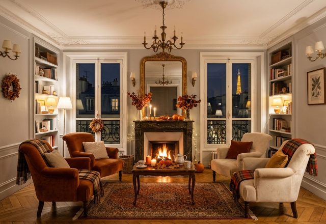 Elegant French apartment living room decor with a lit fireplace, velvet armchairs, and glowing city views.