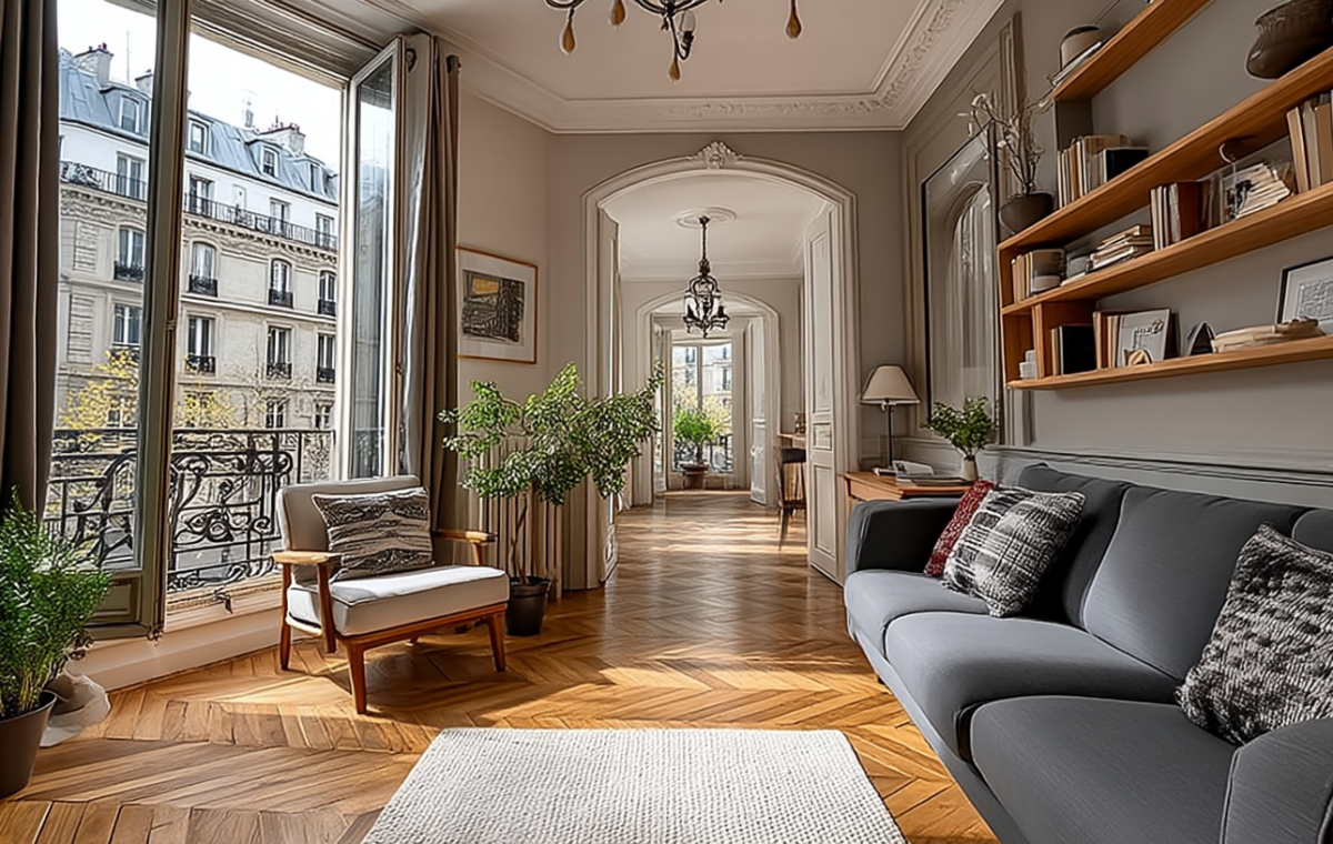 French apartment living room decor with antique mirror, green walls, and herringbone floors