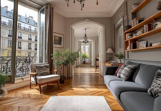 Bright French apartment living room decor featuring herringbone floors and a grey sofa
