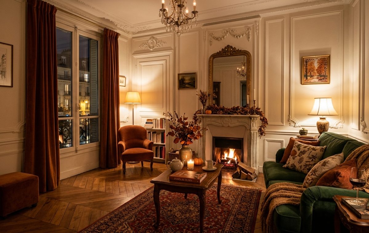 French apartment living room decor featuring a marble fireplace and green velvet sofa