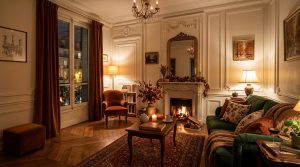 French apartment living room decor featuring a marble fireplace and green velvet sofa