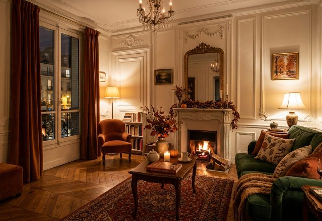 French apartment living room decor featuring a marble fireplace and green velvet sofa