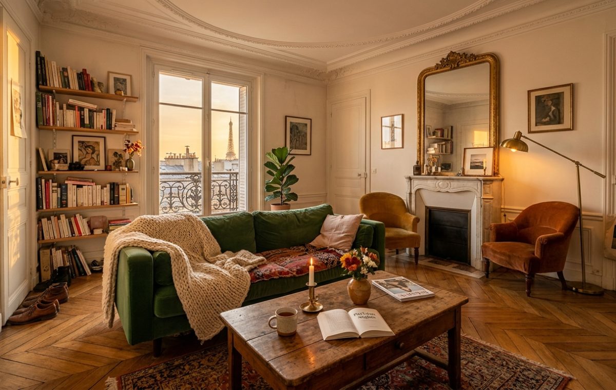 Sunlit French apartment living room featuring a green velvet sofa, herringbone floors, and a vintage fireplace.