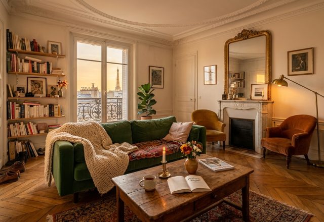 Sunlit French apartment living room featuring a green velvet sofa, herringbone floors, and a vintage fireplace.