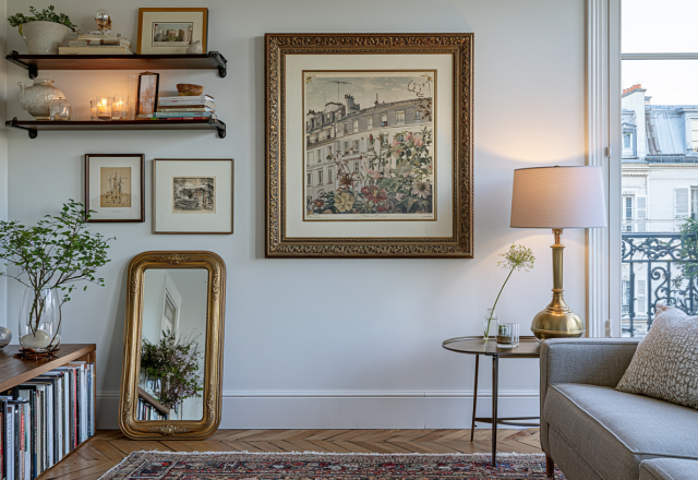 Cozy French apartment living room decor featuring herringbone floors and gallery wall art