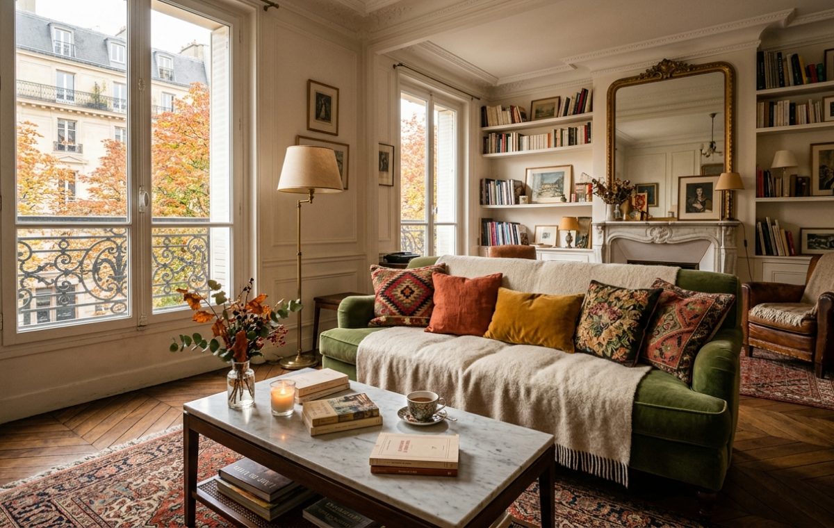 French apartment living room decor featuring a green velvet sofa and marble coffee table against tall windows.